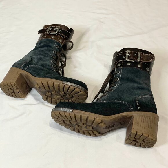 Fly London Sz 6.5 Yip Black Suede Leather Buckle Lace Up Block Heel Ankle Boots - Picture 5 of 15